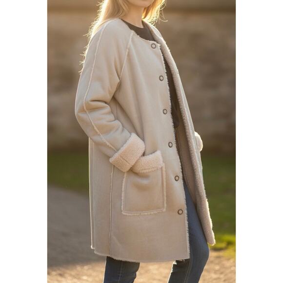 Blank NYC Cream Reversible Faux Shearling Snap Front Mid-Length Jacket Sz Small - Picture 1 of 13